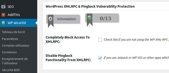 Options XML-RPC sur l'extension de sécurité All in one security.